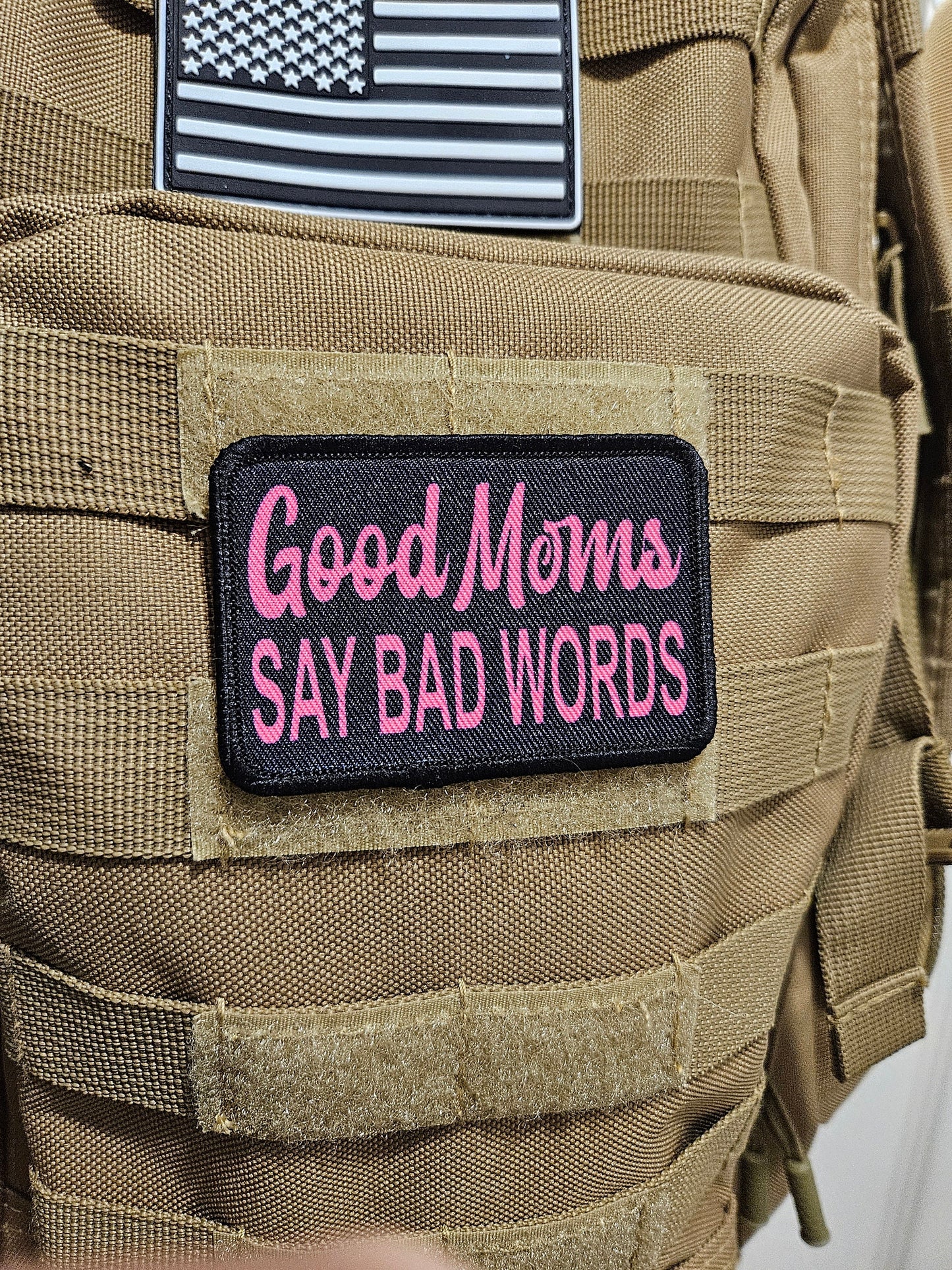 Good moms say bad words meme 2"x3" removable morale patch with hook and loop backing