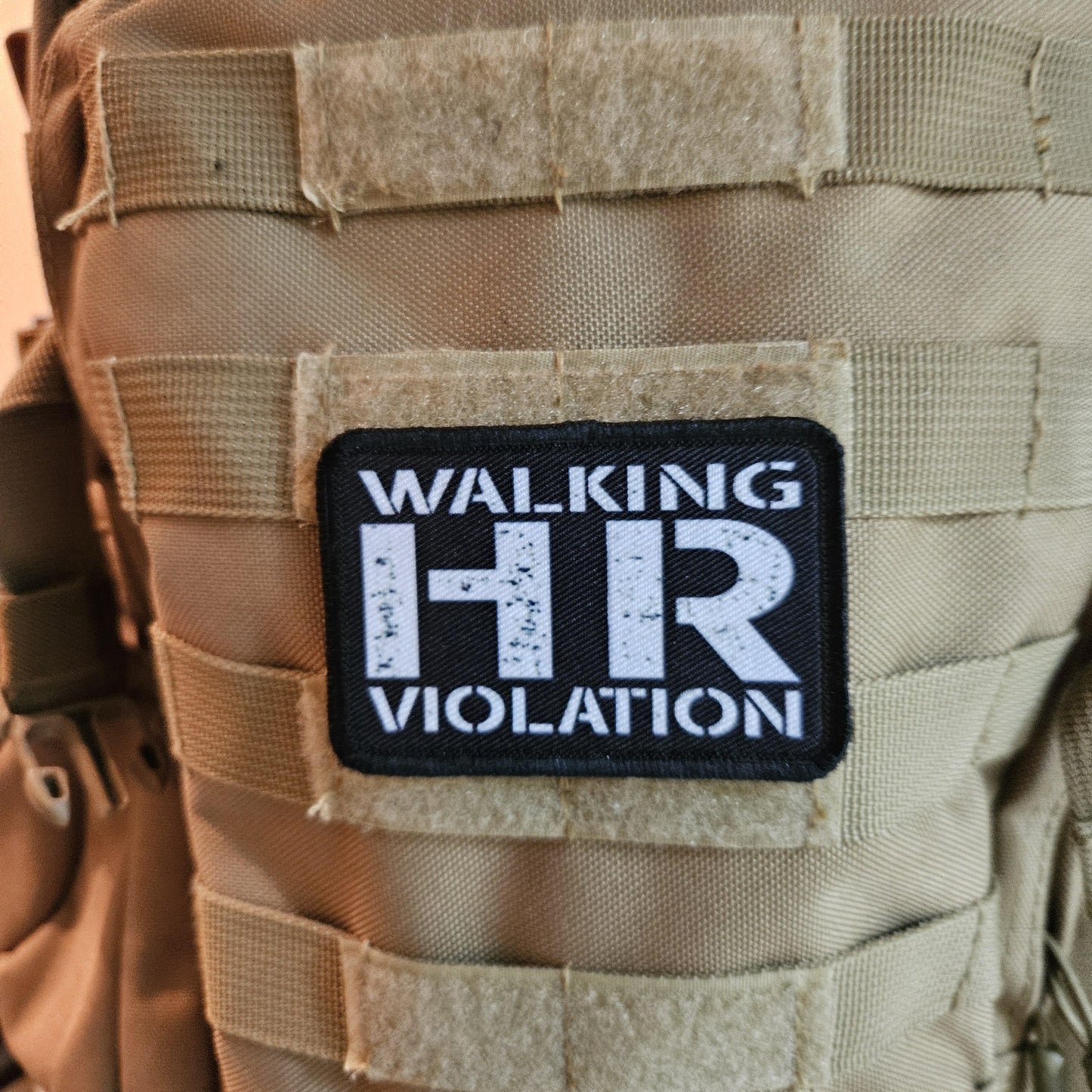 Walking HR violation meme 2"x3" removable morale patch with hook and loop backing