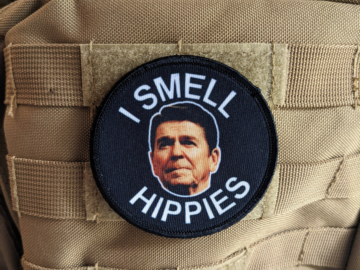 I smell Hippies Ronald Reagan meme 3" circle morale patch with hook and loop backing