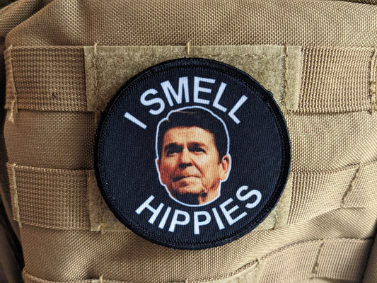 I smell Hippies Ronald Reagan meme 3" circle morale patch with hook and loop backing