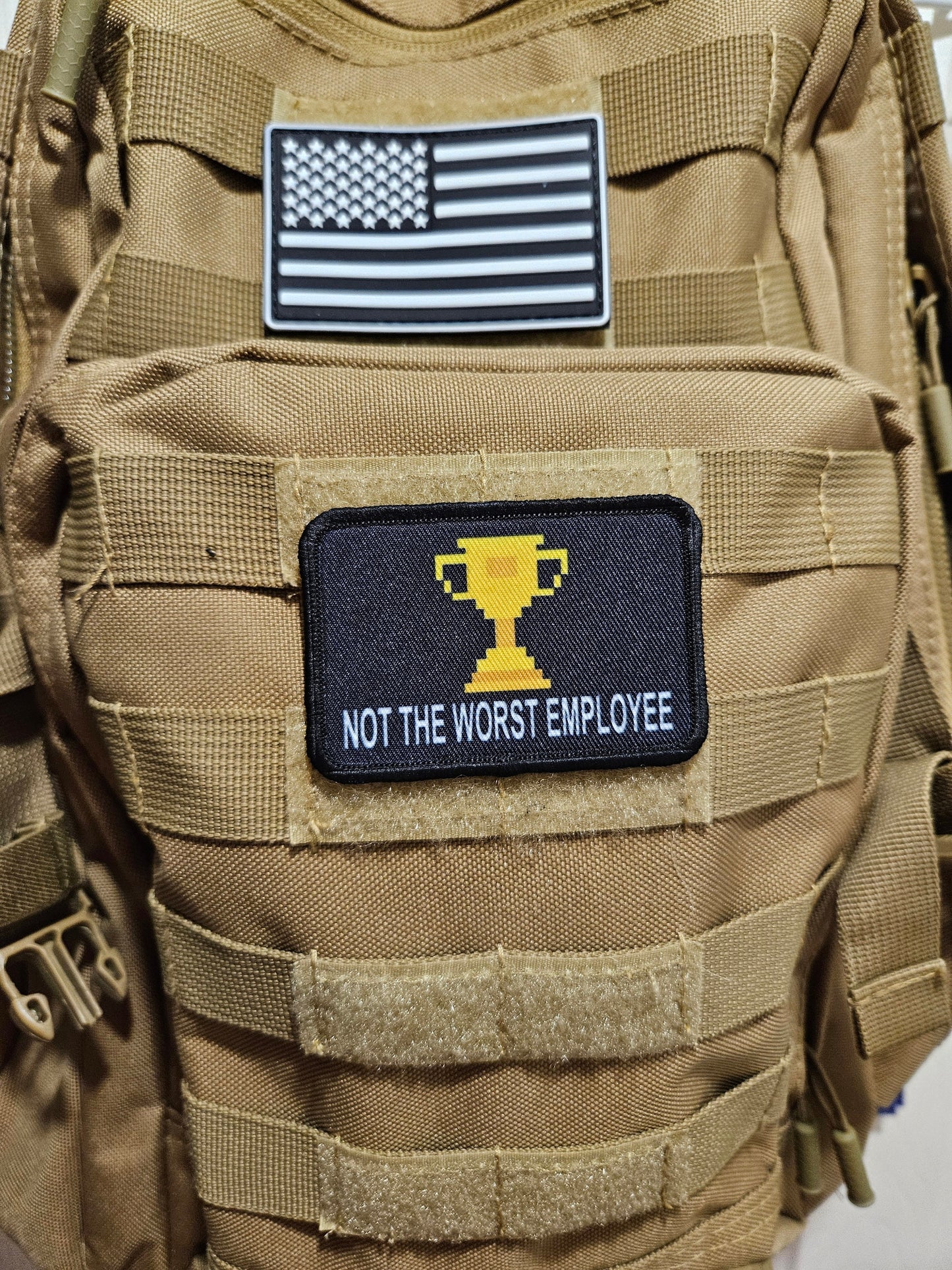 Not the worst employee trophy patch 2"x3" morale patch with hook and loop backing tan
