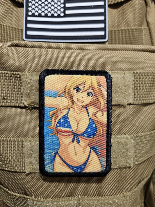 Sexy Anime girl cleavage american flag bikini waifu 2"x3"  removable morale patch with hook and loop backing