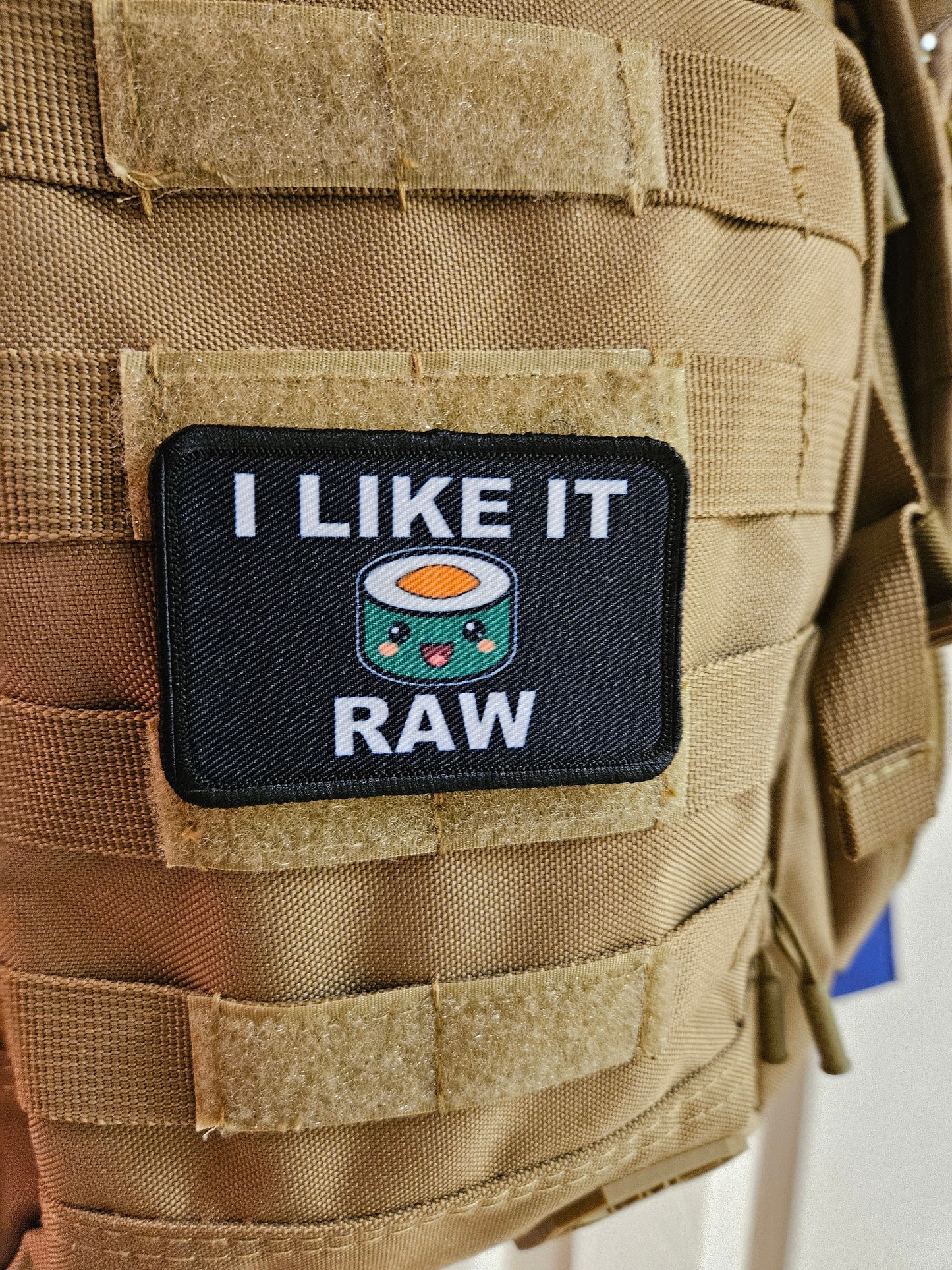 I like it raw sushi enthusiast meme cute making roll 2"x3" morale patch with hook and loop backing