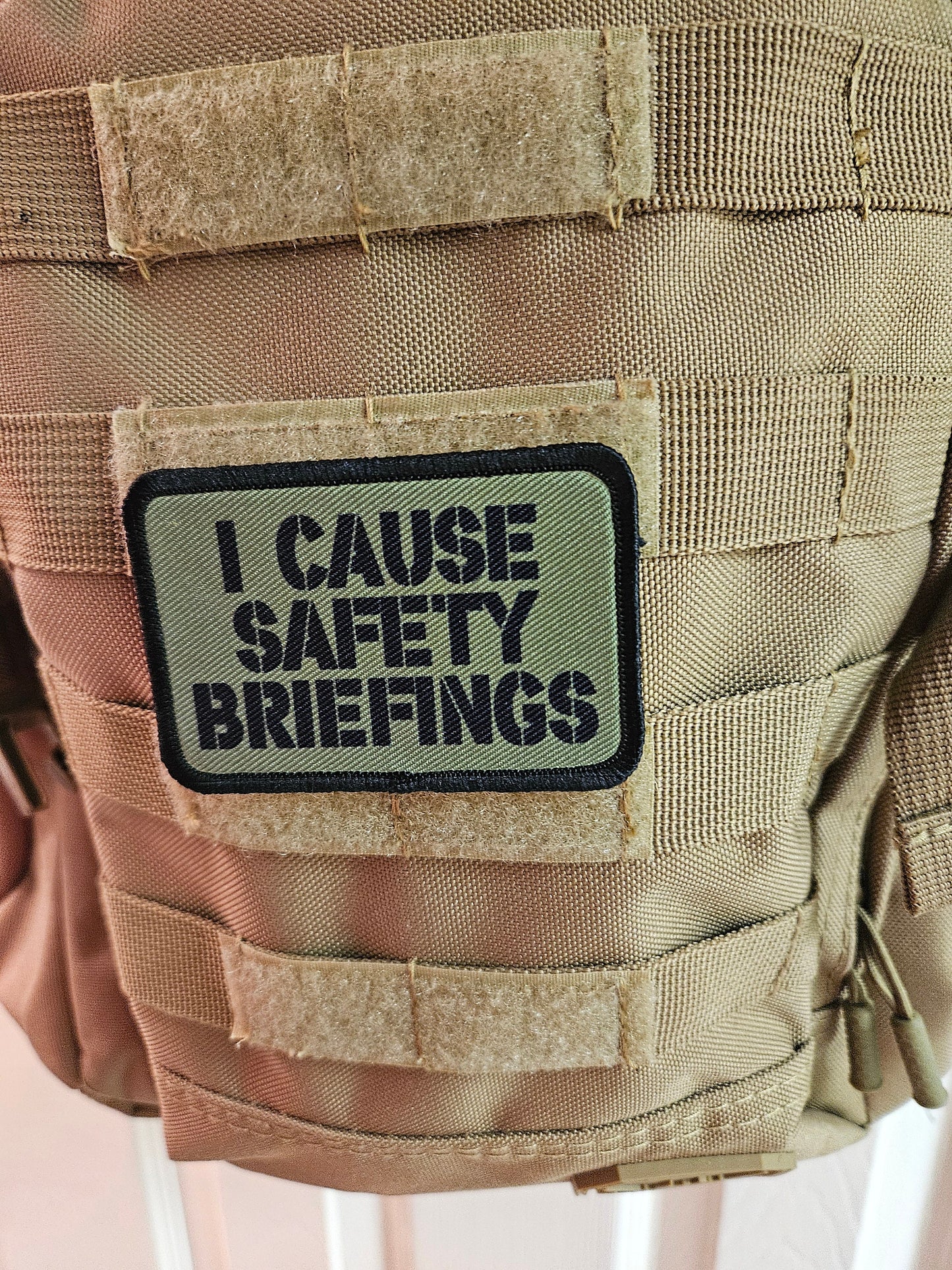 I cause safety briefings funny meme edc olive green  2"x3" morale patch with hook and loop backing military joke meme