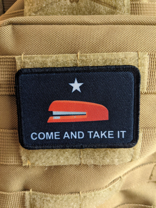 Red stapler meme Texas flag come take it meme  2"x3" removable morale patch with hook and loop backing
