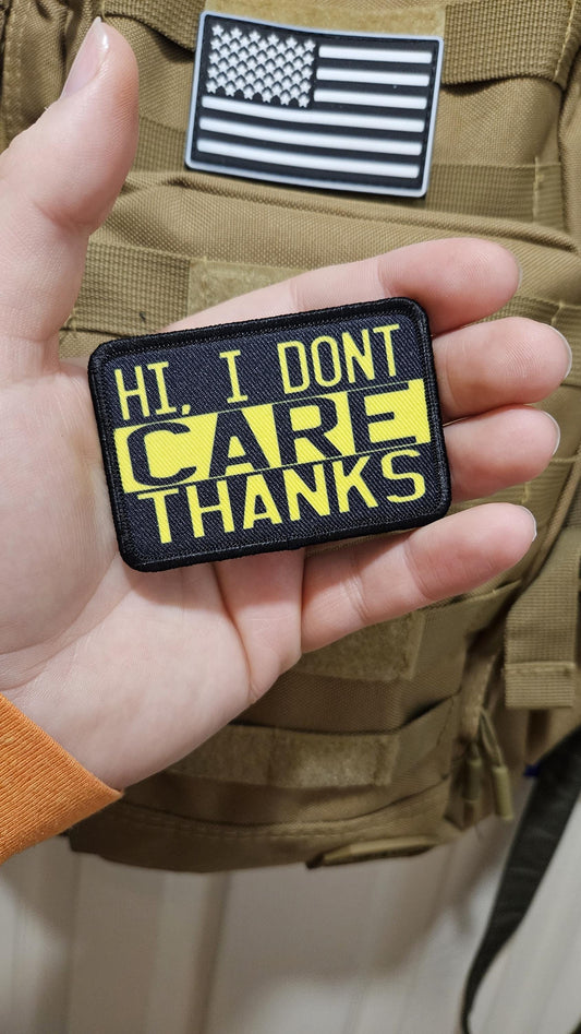 I don't care thanks meme sarcastic removable patch 2"x3" morale patch with hook and loop backing