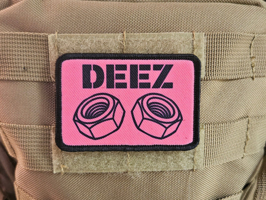 Deez nuts and bolts funny removable patch pink 2"x3" morale patch with hook and loop backing