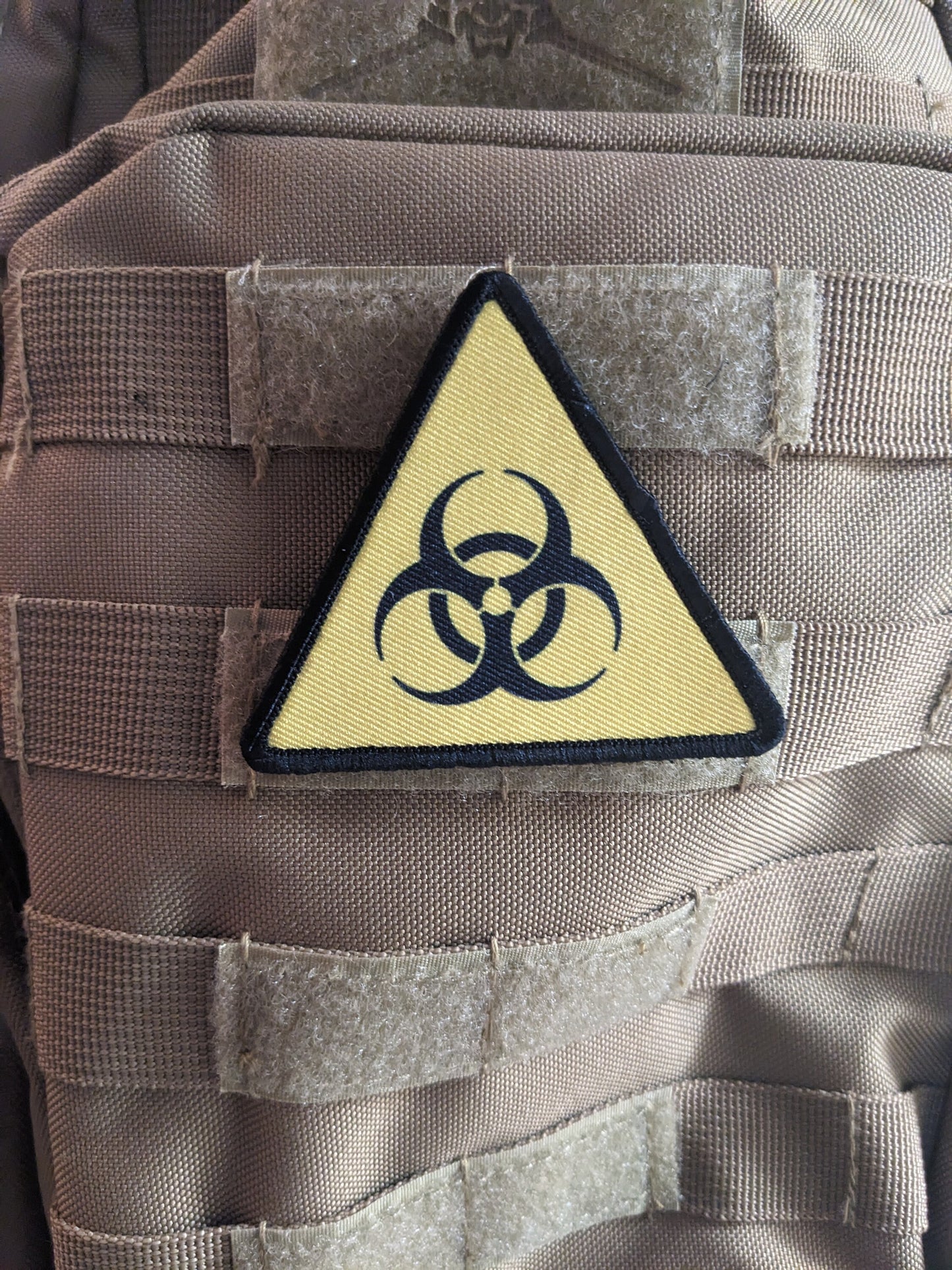3"x3" triangle morale patch biohazard warning symbol with hook and loop backing